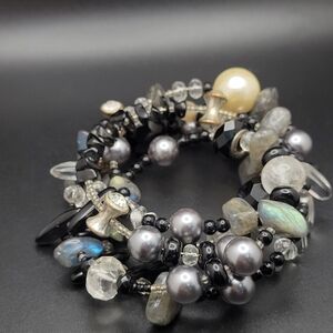 Sterling Charm and Multi-Gemstone Labradorite, Moonstone Wrap Bracelet
